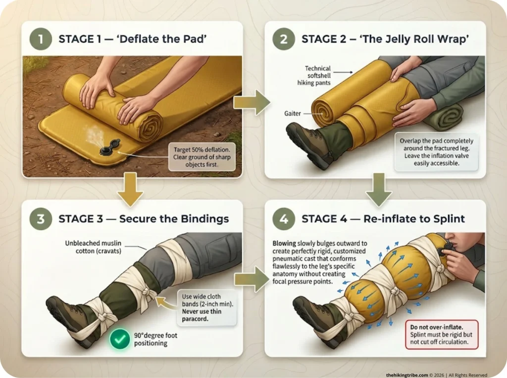 Infographic showing 4-step sequence for creating a backcountry air splint using a deflated sleeping pad and cravats