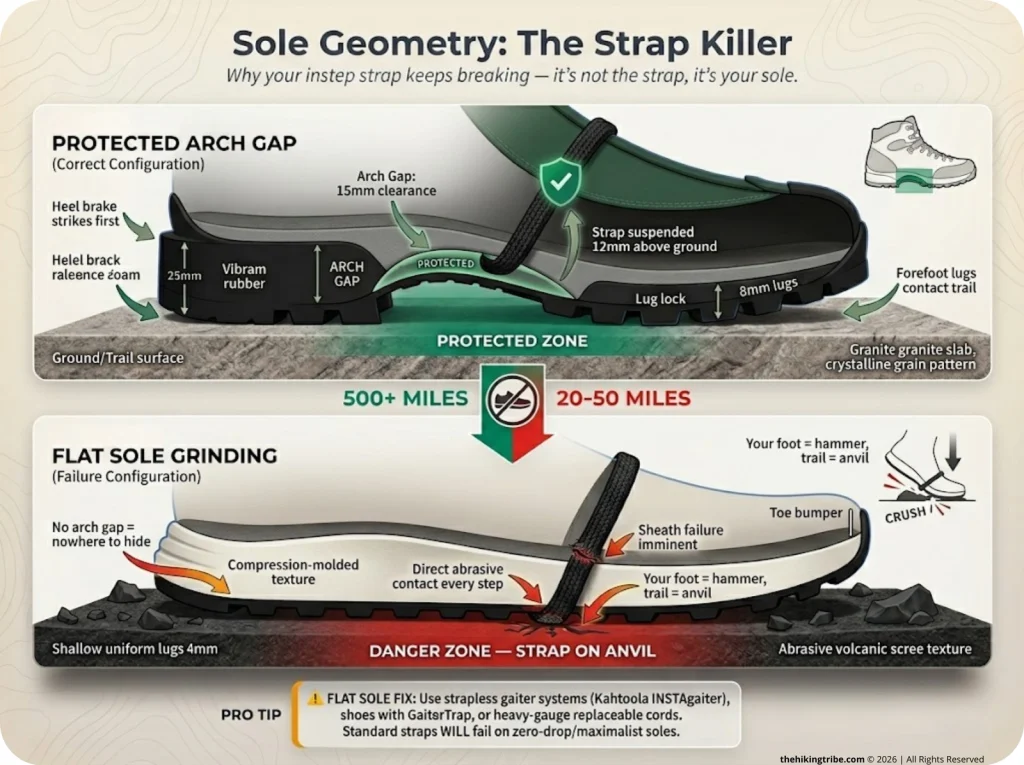 Infographic showing cross-section of boot arch gap protecting strap vs flat sole grinding strap with danger zone highlighting