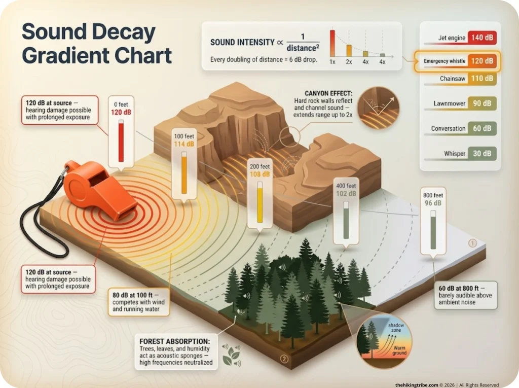Infographic showing 6 dB sound volume drop-off over distance with canyon and forest terrain absorption zones