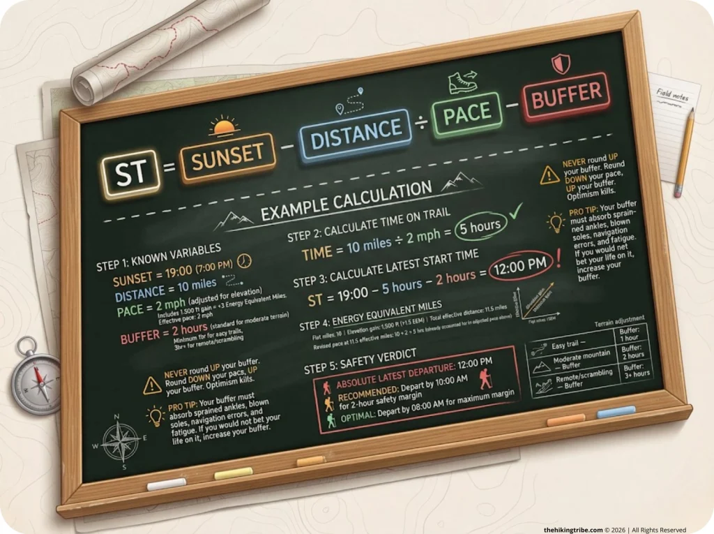 Infographic showing strategic start time formula with step-by-step calculation example for a 10-mile mountain hike