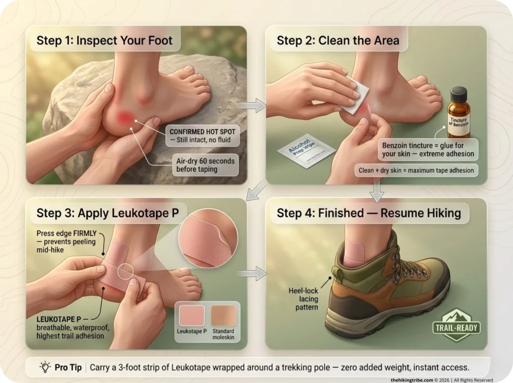 Infographic showing 4-step STOP protocol for trail hot spot treatment: foot inspection, cleaning, Leukotape application, and finished tape job