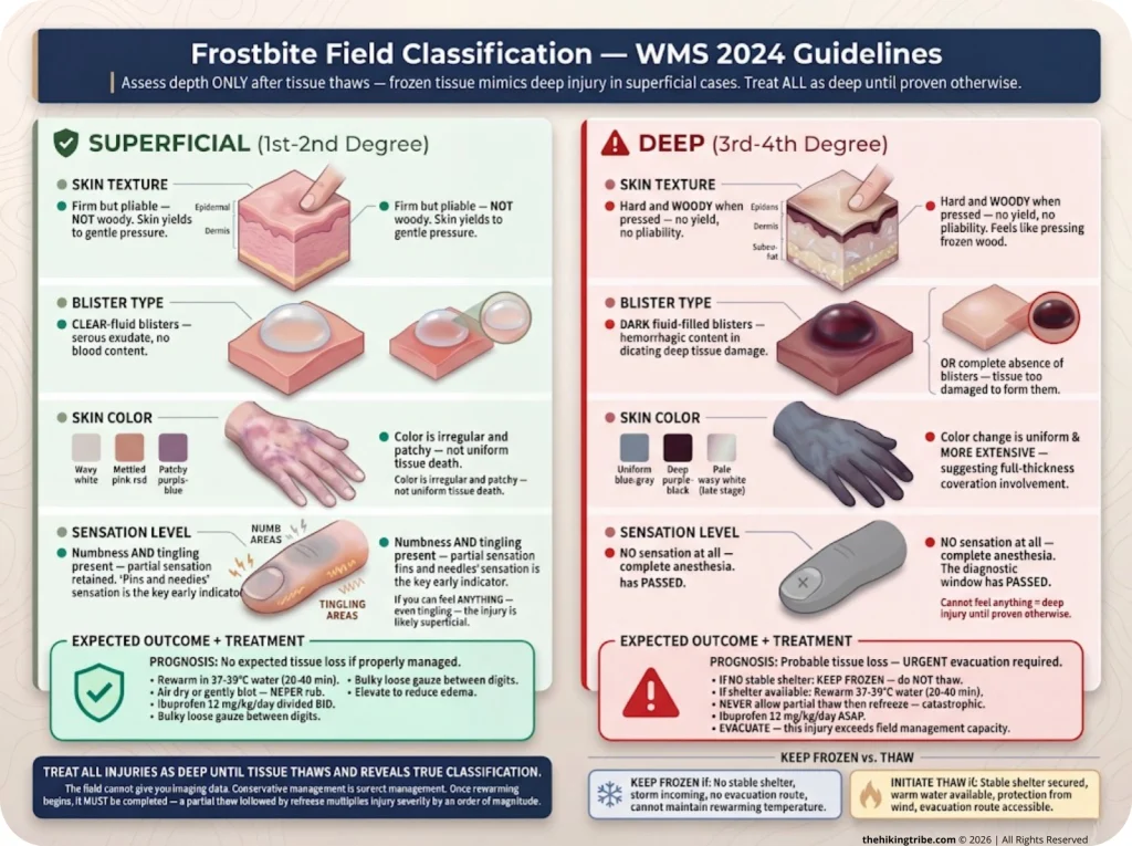 Infographic comparing superficial and deep frostbite with WMS 2024 field classification indicators and treatment actions