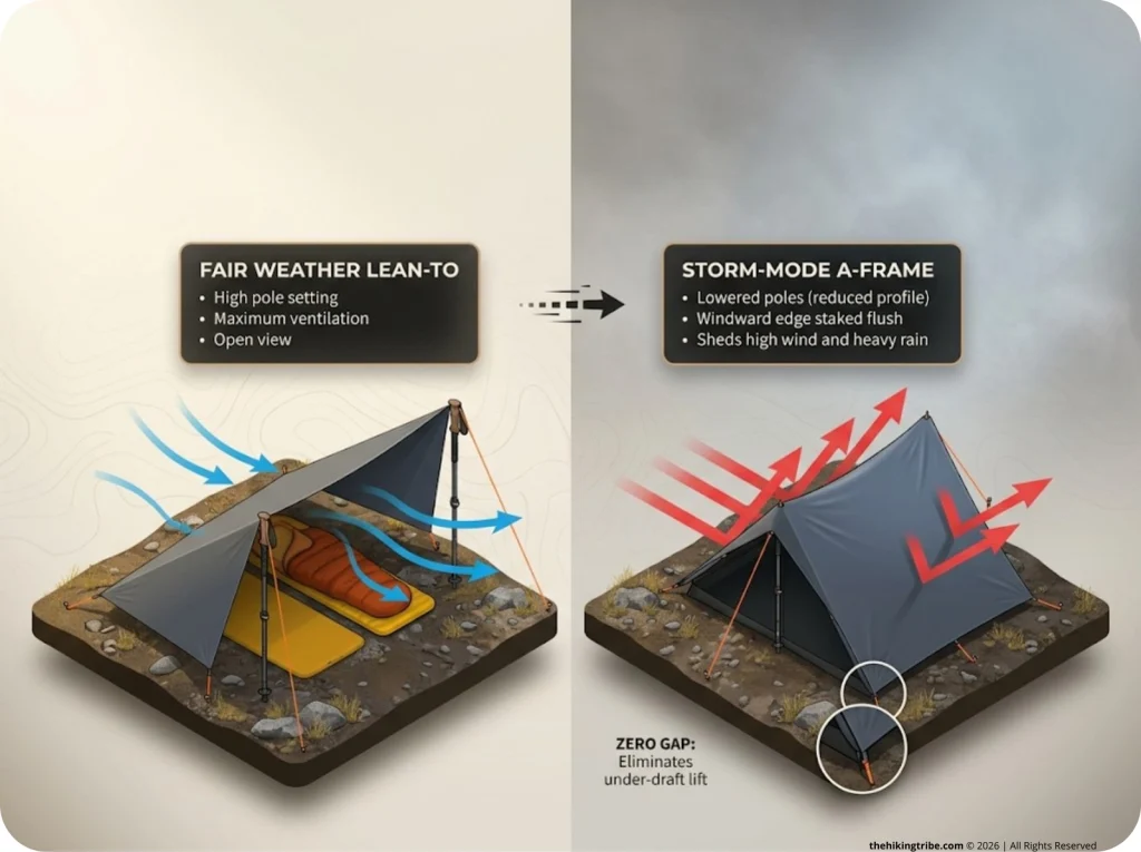 Infographic showing the transition from a high-airflow far weather lean-to to a low-profile wind-resistant storm mode A-frame tarp shelter