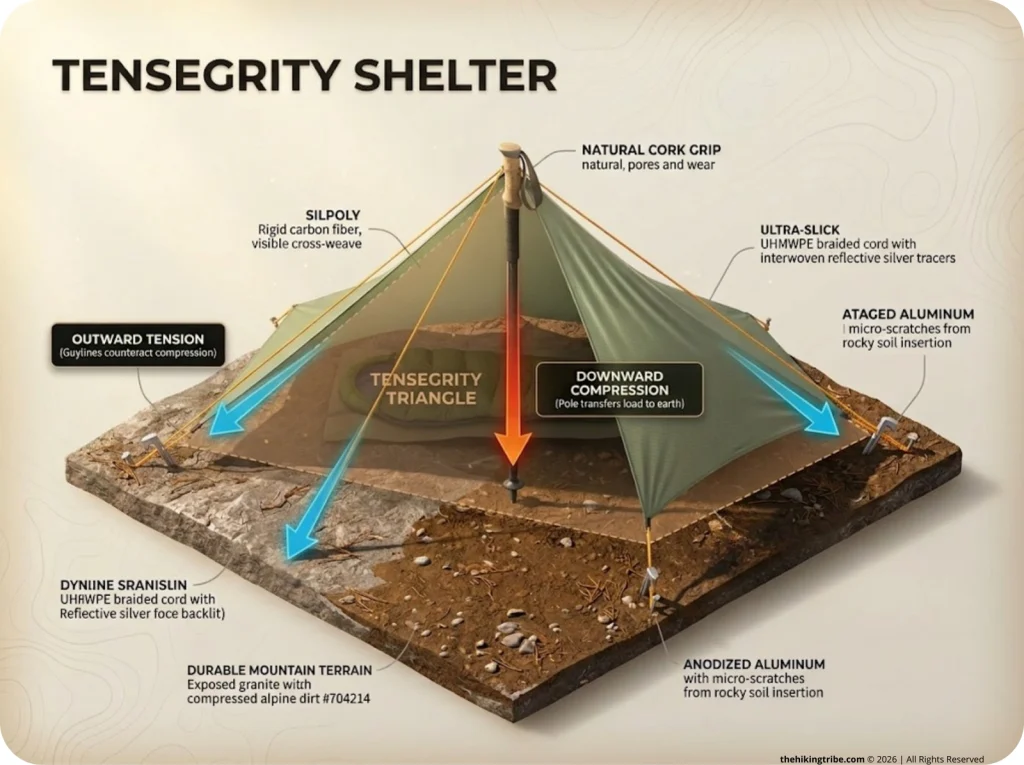 Infographic showing tarp shelter tensegrity physics with labeled downward compression arrows and outward tension lines