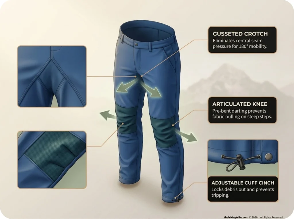 Infographic showing technical hiking pant anatomy with labeled crotch gusset, articulated knees, and cinchable cuffs