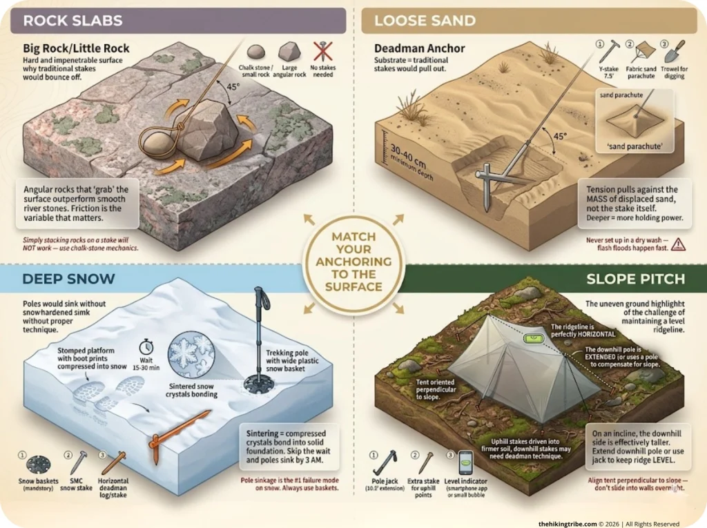 Infographic showing four tent anchoring methods for rock, sand, snow, and slope surfaces with equipment and cross-section diagrams