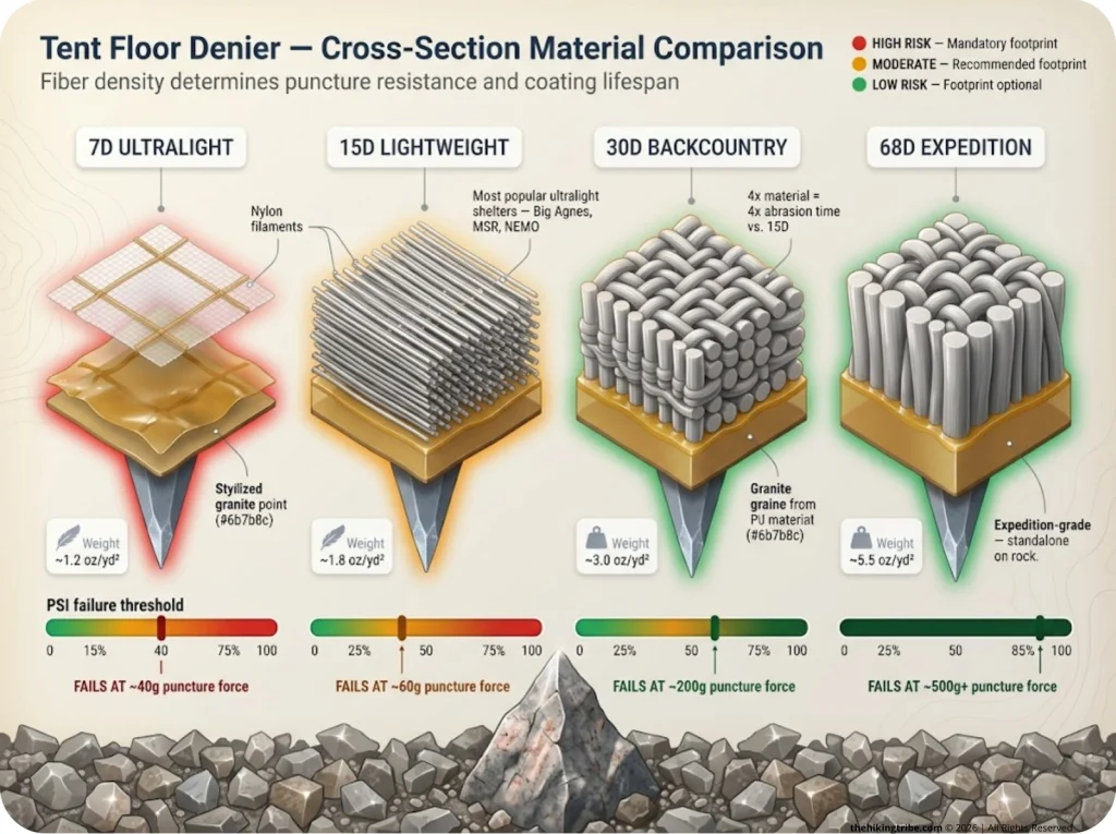 Infographic showing cross-section comparison of 7D, 15D, 30D, and 68D tent floor fabrics with fiber thickness, puncture risk indicators, and PSI failure thresholds