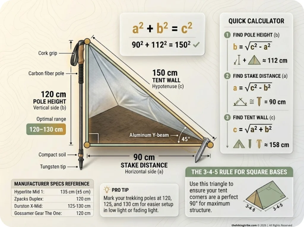 Infographic showing right triangle geometry for tent pitching with pole height, stake distance, and tent wall measurements plus quick calculator