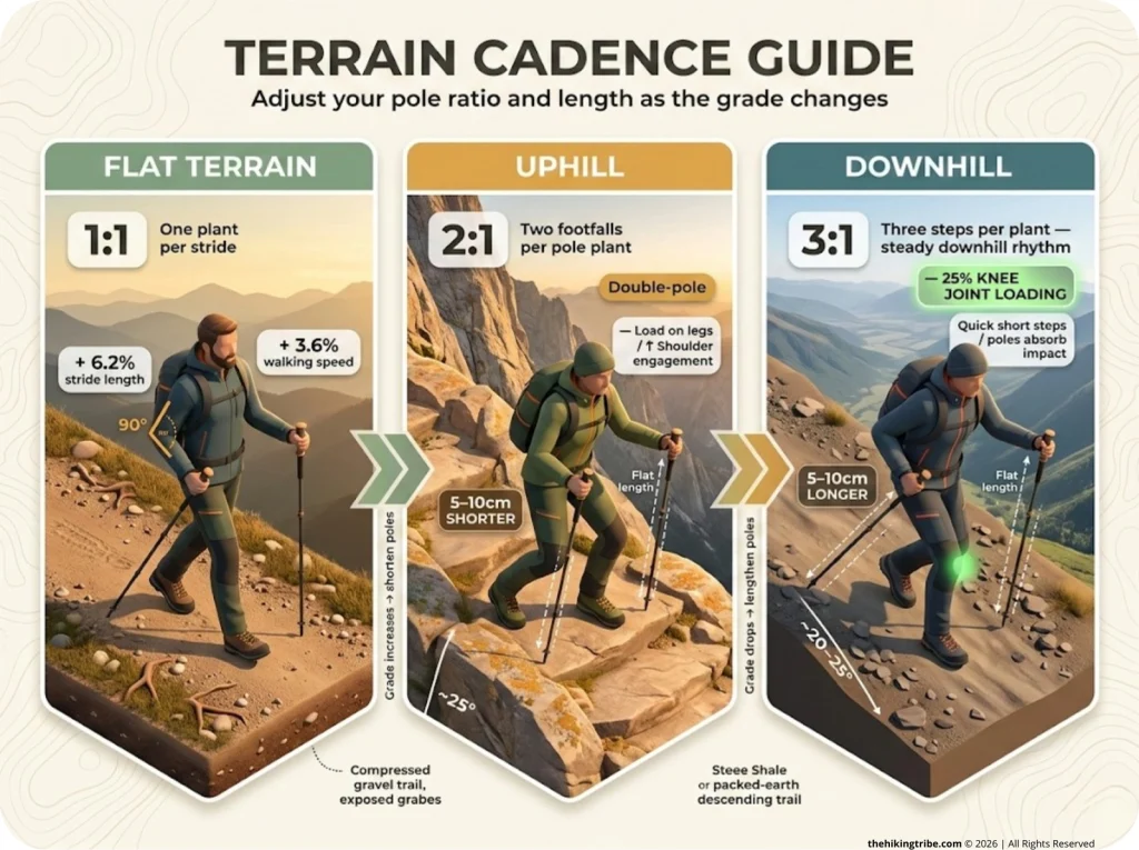 Infographic comparing trekking pole technique for flat, uphill, and downhill terrain with silhouette figures, pole angles, ratios, and key stats