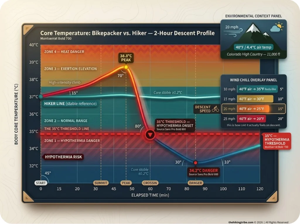 Timeline showing hiker core temperature stable at 37°C versus bikepacker with temperature spike during climb and rapid descent crash into hazard zone