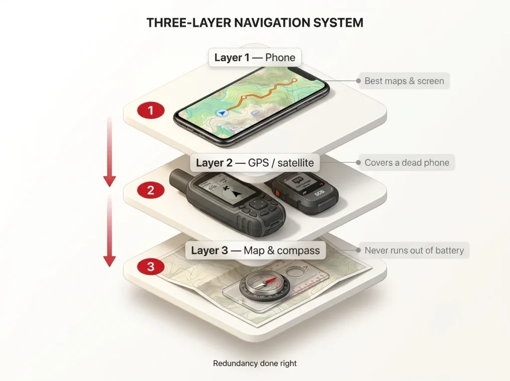 Three-layer navigation stack diagram: phone for maps, GPS or satellite communicator for backup and SOS, paper map and compass that never dies