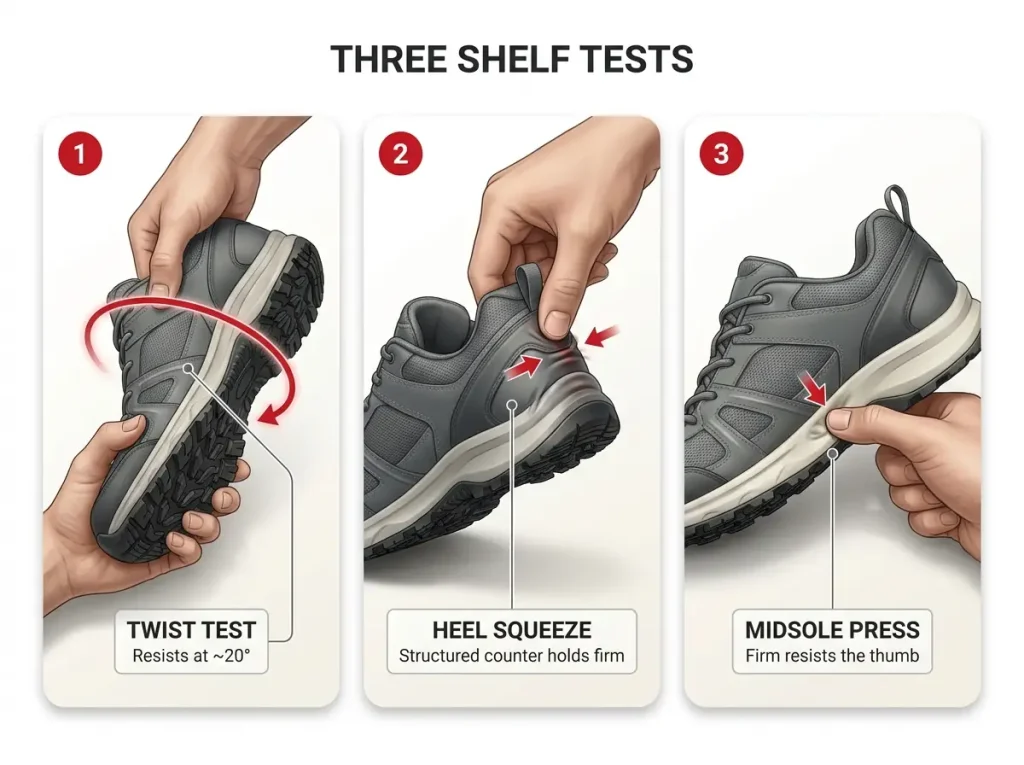 Photo sequence showing the twist test, heel counter squeeze, and midsole press for checking hiking shoe arch support