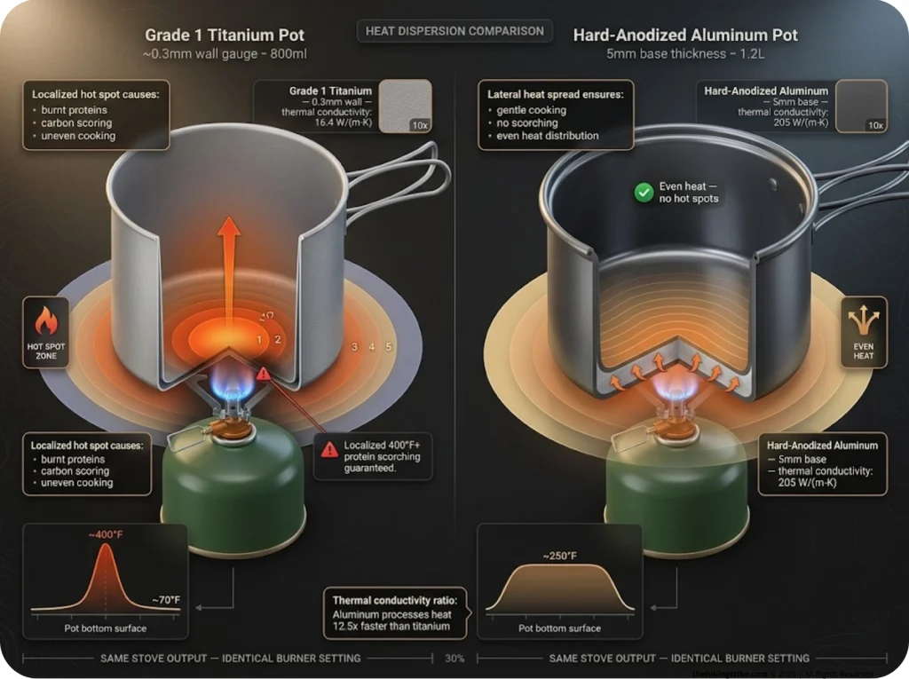 Infographic comparing titanium versus aluminum heat dispersion with labeled hot spot zones and thermal conductivity diagram