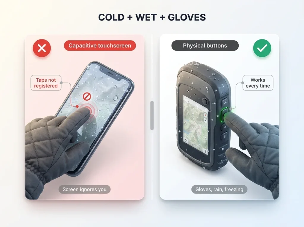 Comparison graphic showing a capacitive touchscreen failing with cold, wet, gloved hands vs physical buttons still working
