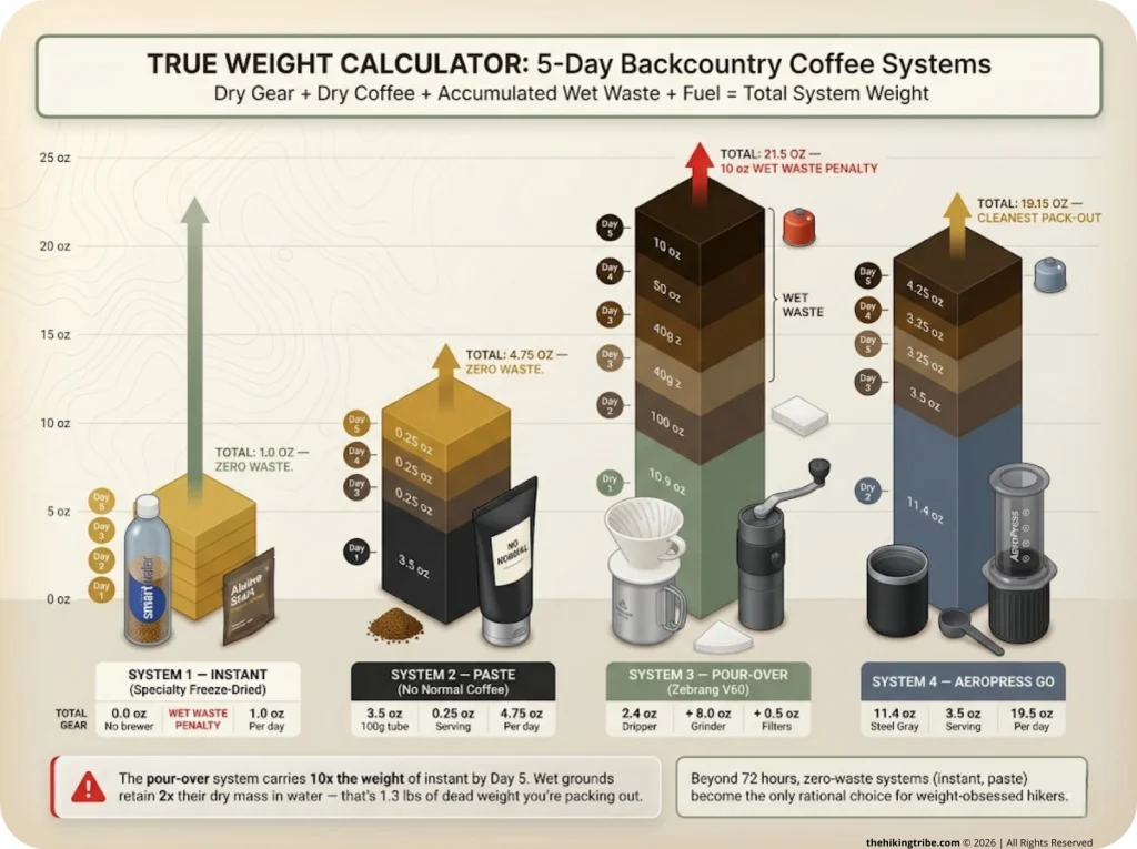 Infographic showing 5-day weight accumulation for 4 trail coffee systems with dry gear, coffee, wet waste, and fuel breakdown