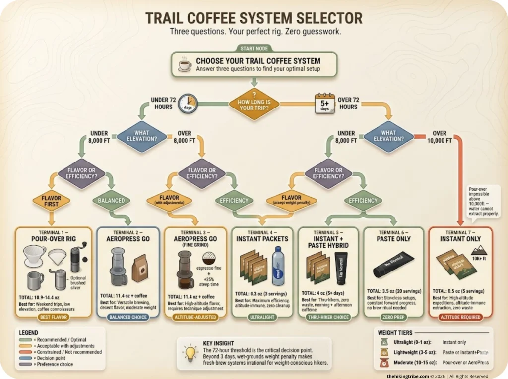 Infographic decision tree for choosing trail coffee system based on trip length, elevation, and flavor priorities