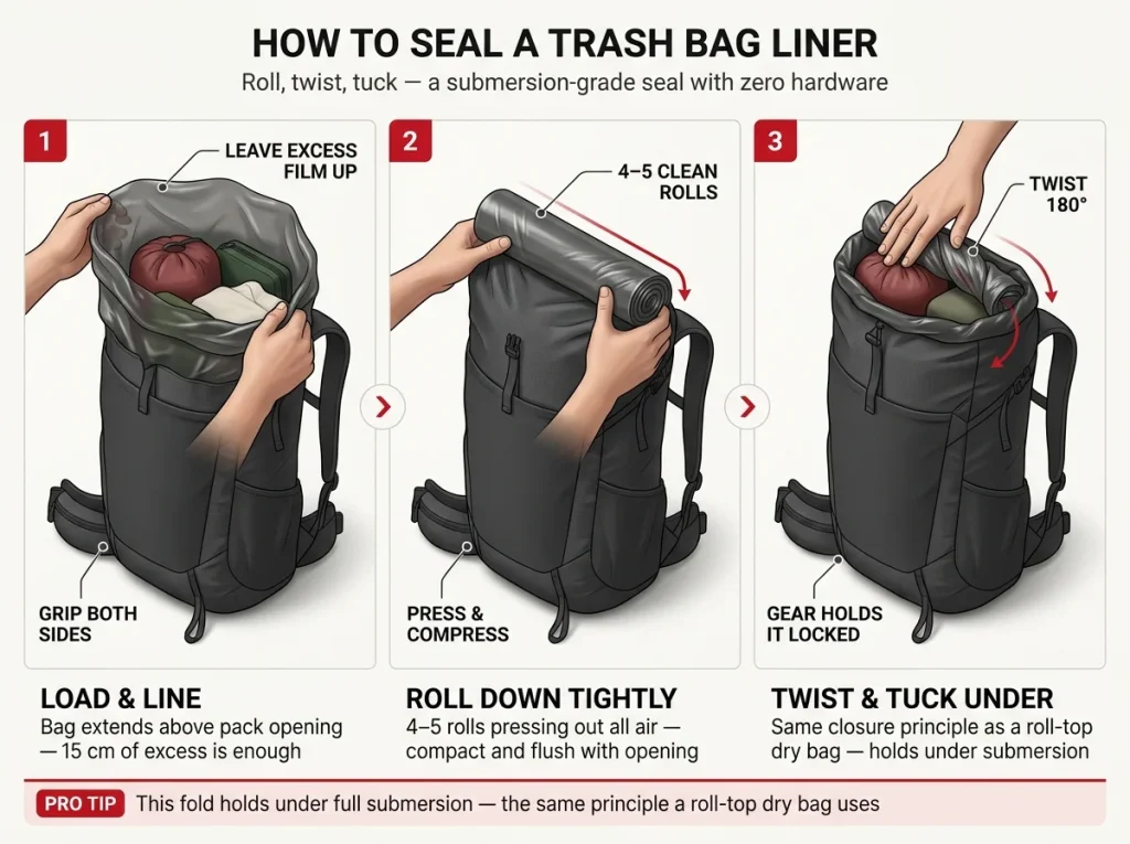 Infographic showing 3-step trash bag liner seal: bag loaded inside pack, opening rolled down, then twisted and tucked under gear for a submersion-grade waterproof fold.