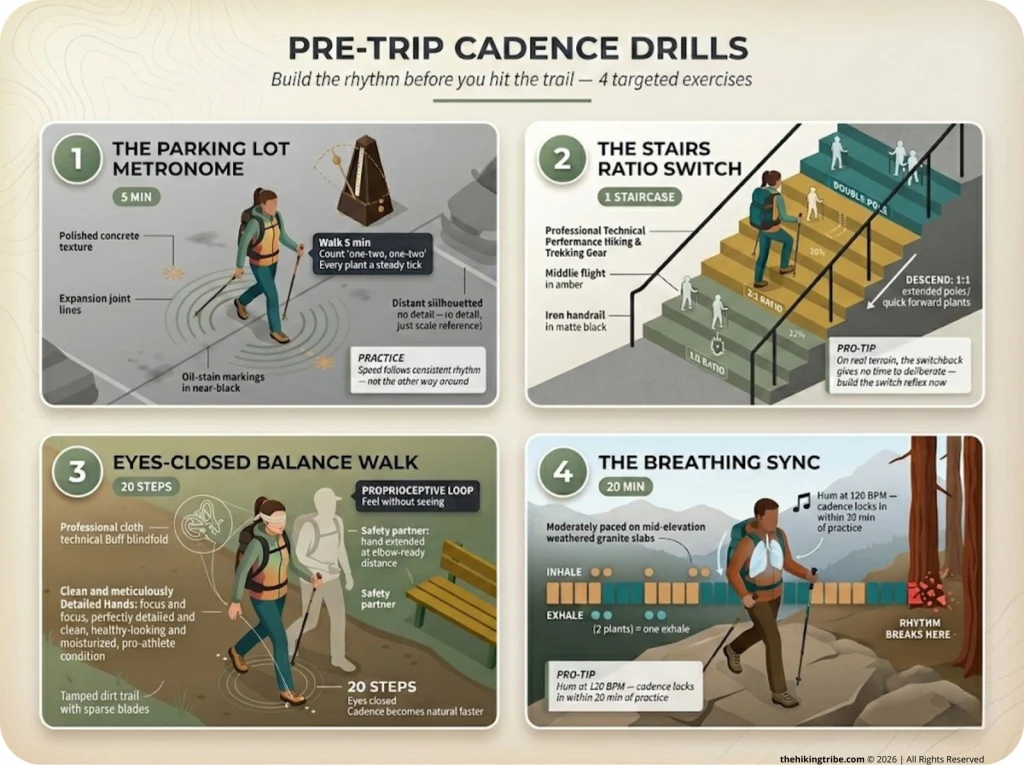 Infographic showing 4 trekking pole cadence drills with numbered cards, stick-figure illustrations, and step-by-step practice instructions