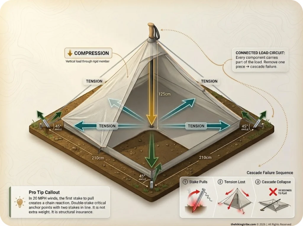 Infographic showing trekking pole tent force vectors with compression, tension, and stake reaction arrows plus cascade failure sequence