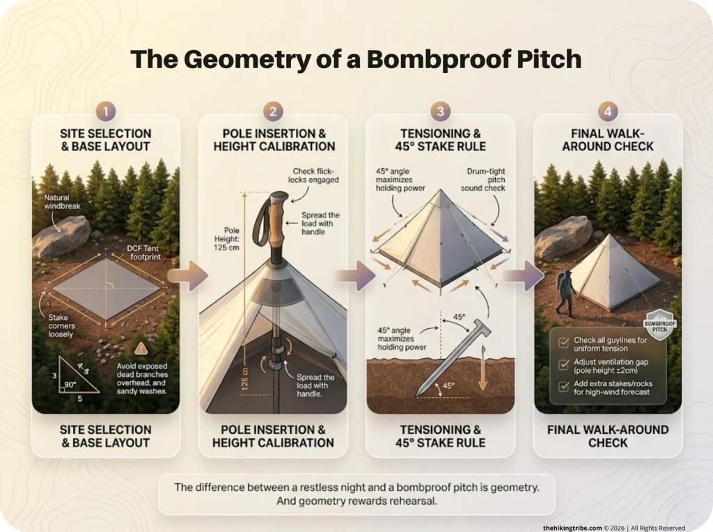 Infographic showing 4-step trekking pole tent pitch sequence from base layout to final tension check with labeled techniques