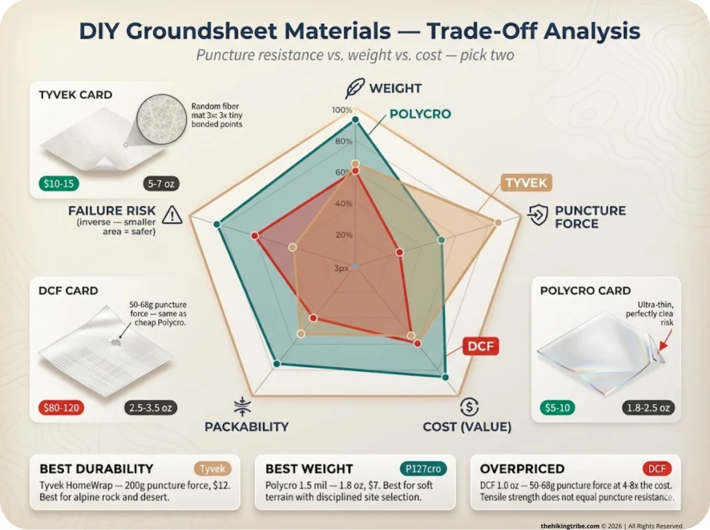 Infographic showing radar chart comparing Tyvek, Polycro, and DCF groundsheets across weight, puncture force, cost, packability, and failure risk