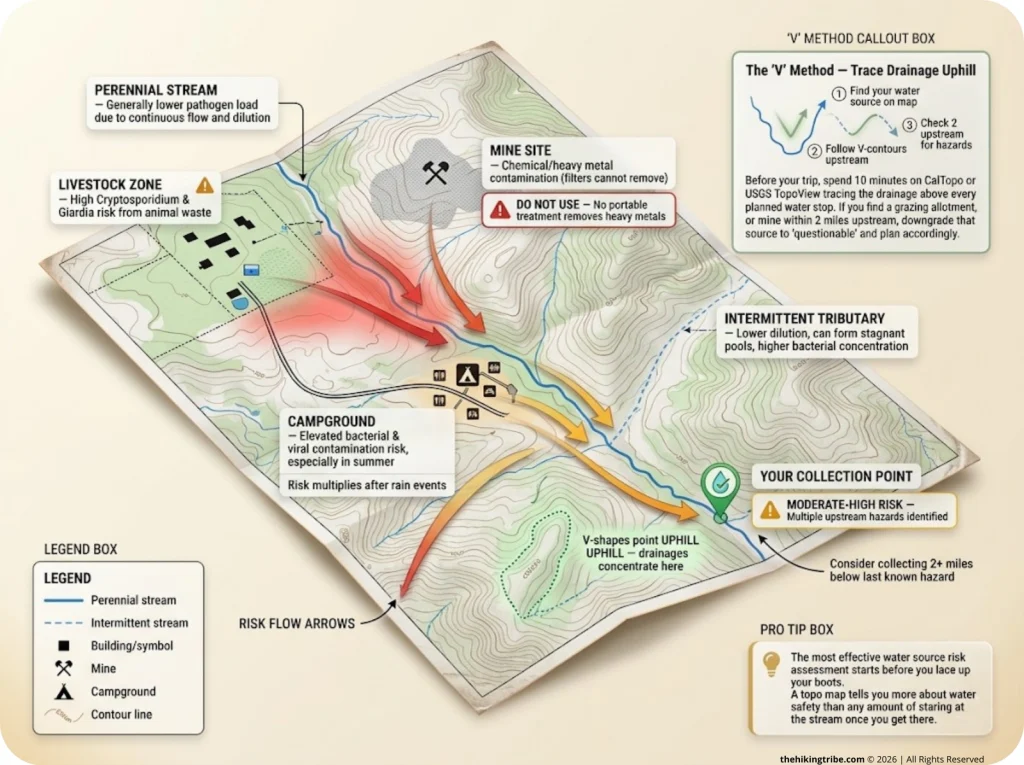 Infographic showing annotated USGS topo map with upstream water contamination hazards and risk zones