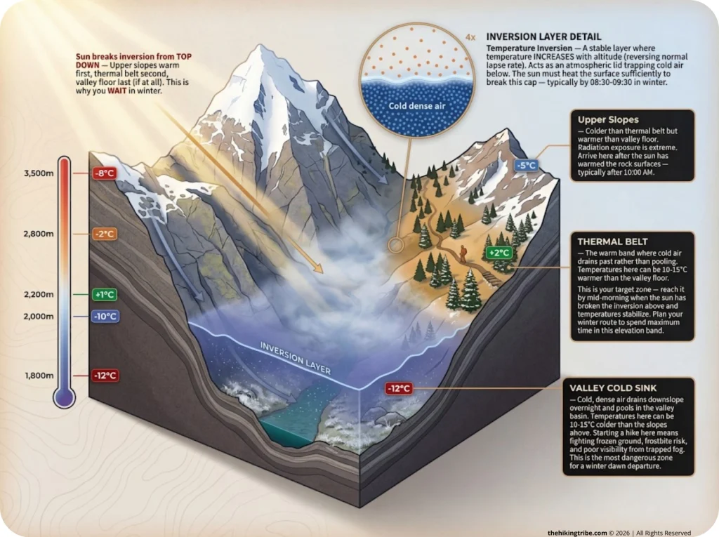 Infographic showing topographic cross-section of valley cold sink with thermal belt, inversion layer, and temperature gradient labels