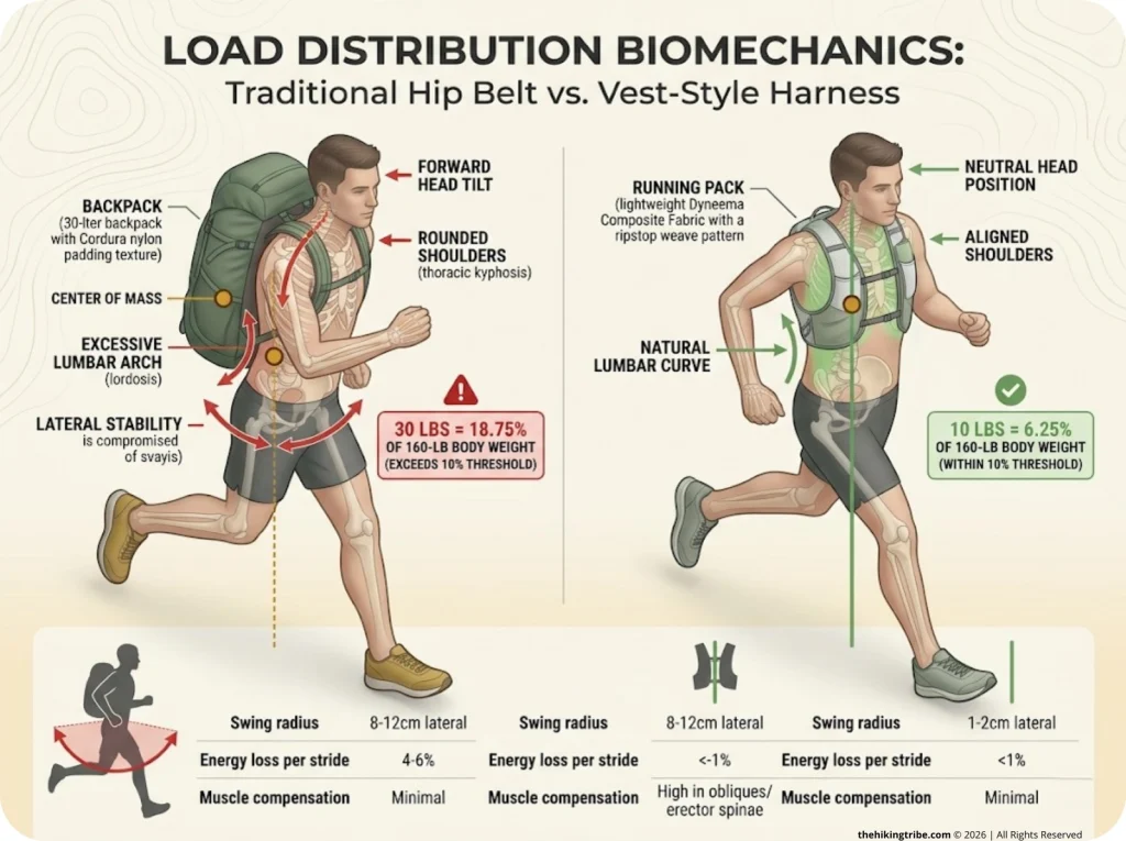 Infographic comparing vest-style harness vs traditional backpack showing center of gravity and spine alignment