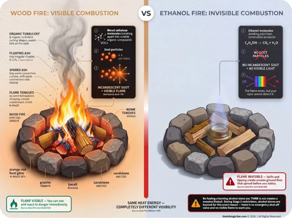 Infographic showing wood fire vs ethanol flame visibility comparison with combustion physics and safety labels