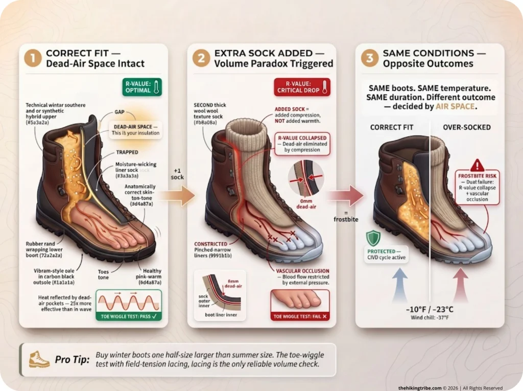 Infographic showing three-frame boot cross-section comparing dead-air space, R-value, and blood flow with frostbite risk labels