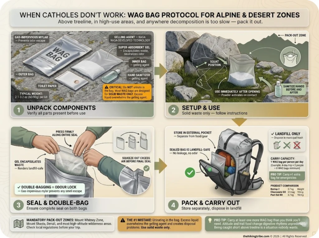 Infographic showing 4-step WAG bag usage sequence with components, setup, sealing, and pack storage