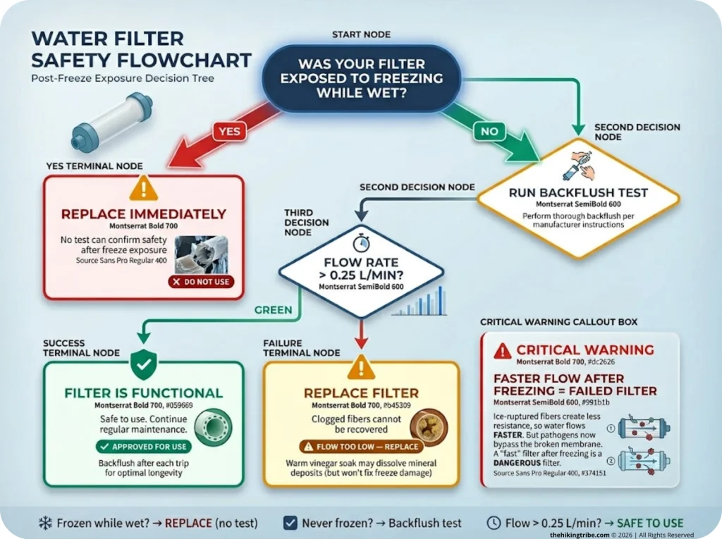 Infographic flowchart for water filter safety after freeze exposure with backflush test decision tree