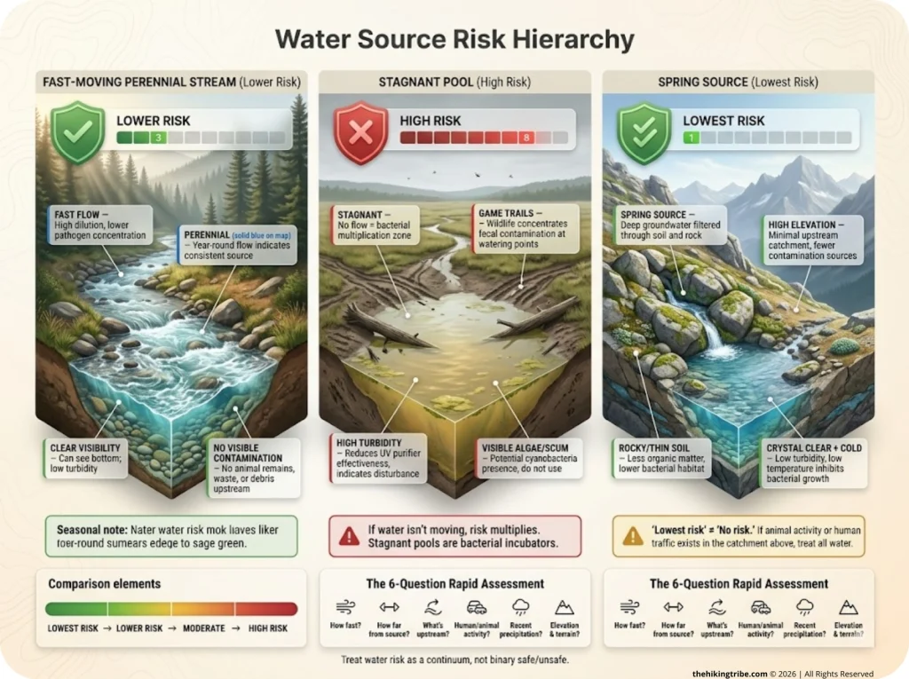 Infographic comparing three water source types with risk levels and field assessment indicators