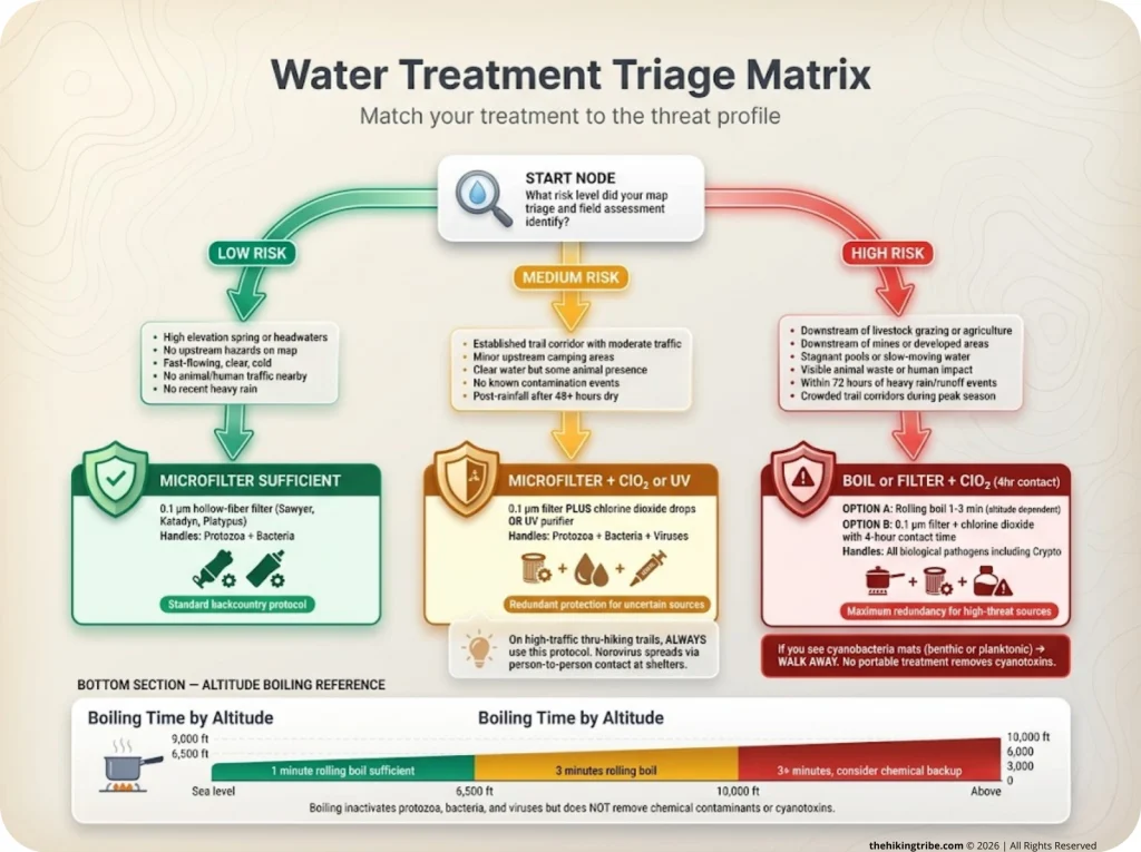 Infographic showing water treatment decision flowchart based on risk level assessment