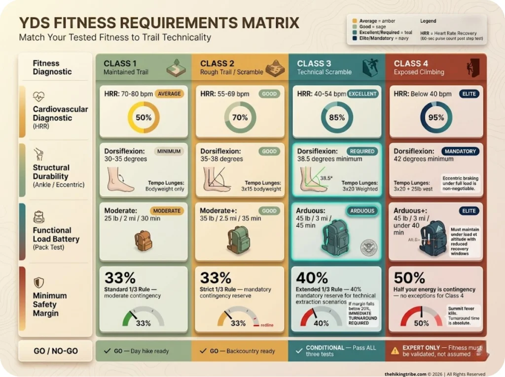 Matrix infographic mapping YDS Classes 1-4 against fitness test tiers with color-coded safety margins