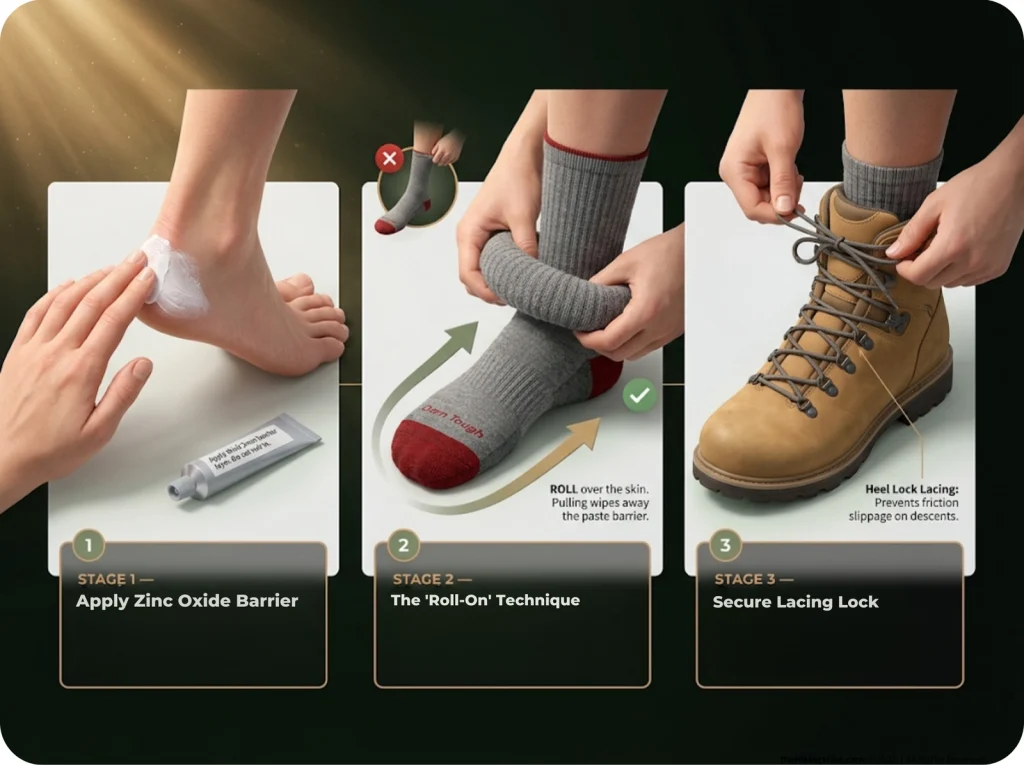 Infographic showing a 3-part sequence for foot blister prevention including zinc oxide paste application, sock rolling, and lacing