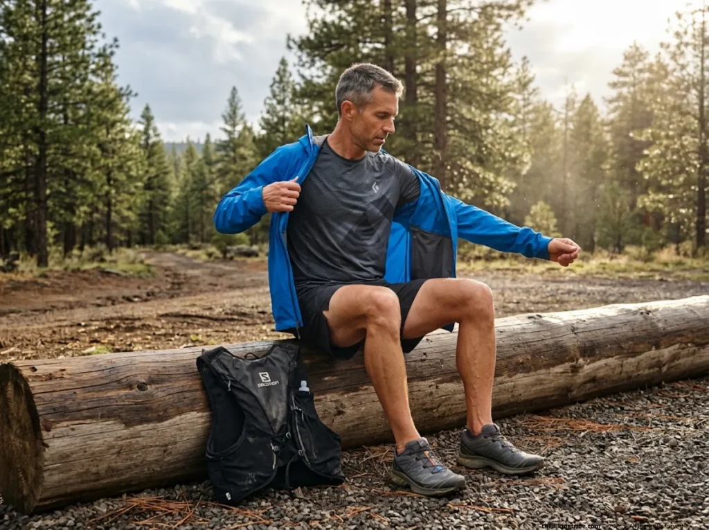 Trail runner taking off a sweaty Black Diamond rain jacket at a pine forest trailhead