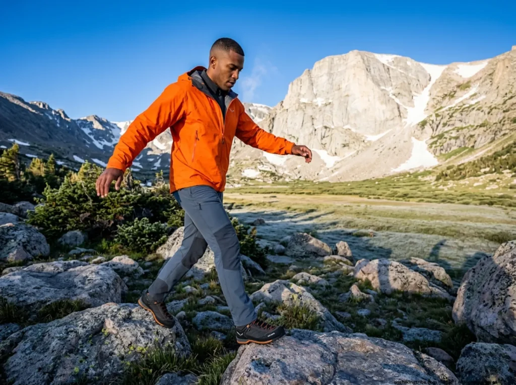 Male hiker rock-hopping on boulders to protect alpine tundra vegetation above treeline in Rocky Mountain National Park