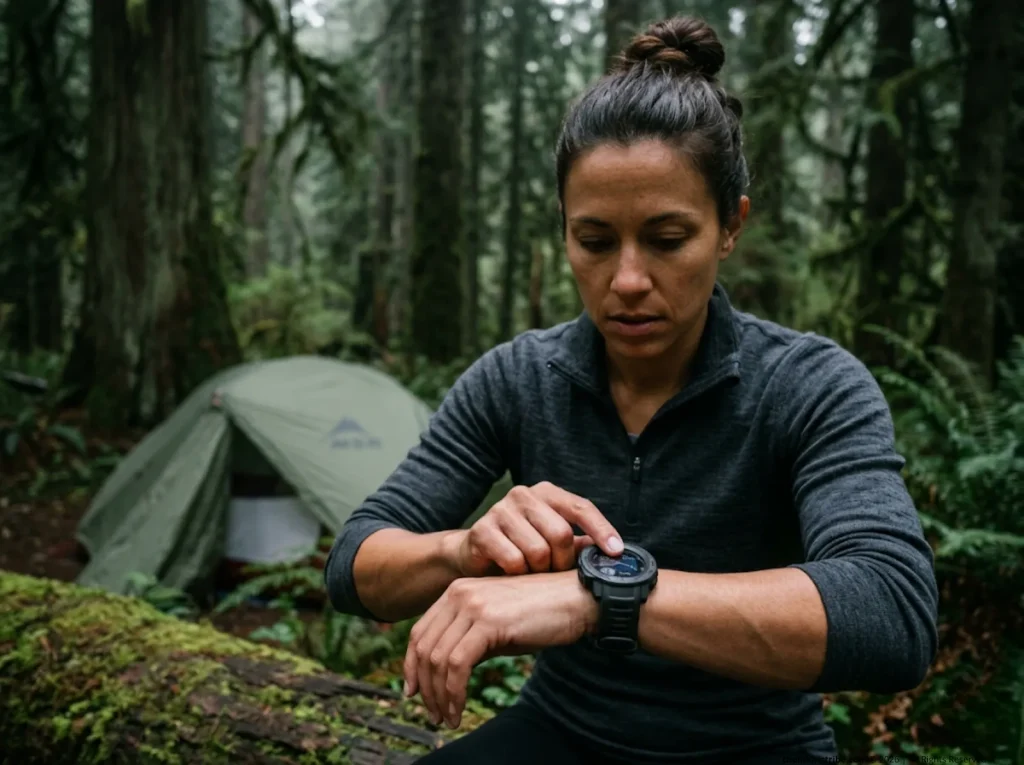 Hiker checking barometric pressure drop on a Garmin altimeter watch at forest campsite