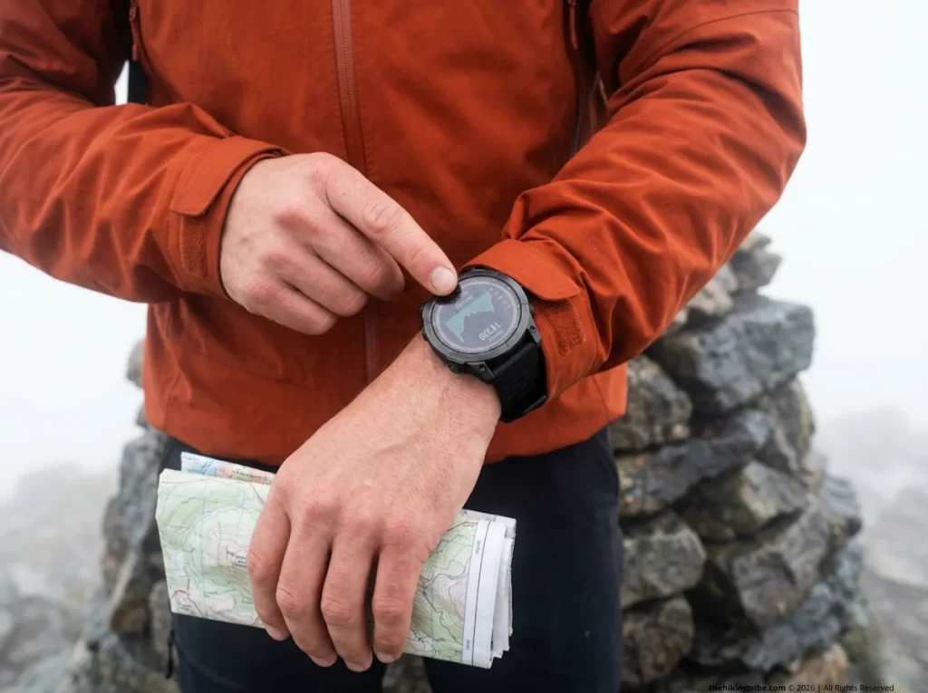 Hiker calibrating an altimeter watch to track elevation in fog