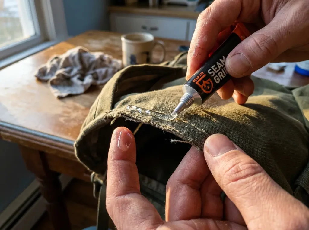 Hands applying GEAR AID seam sealer along the inside stitching of a backpack seam