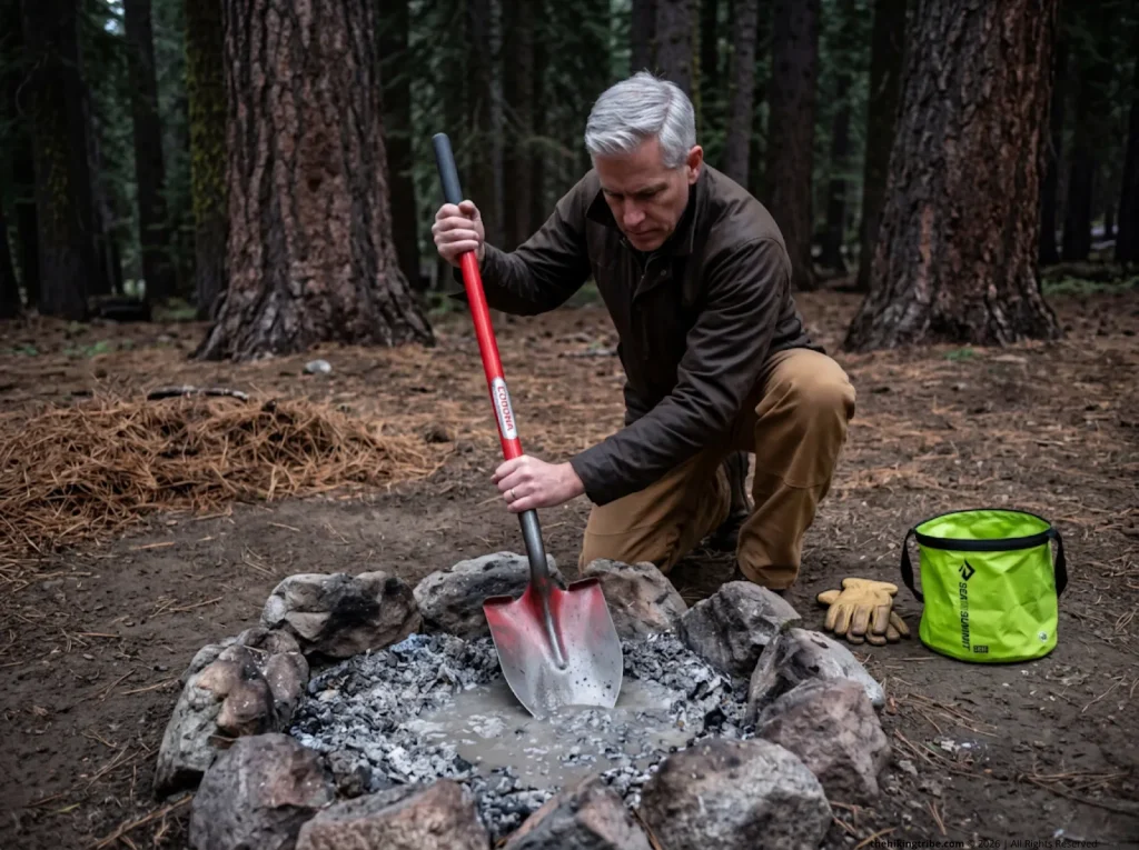Steward using the ash soup method to deeply extinguish a fire ring under strict regulations.