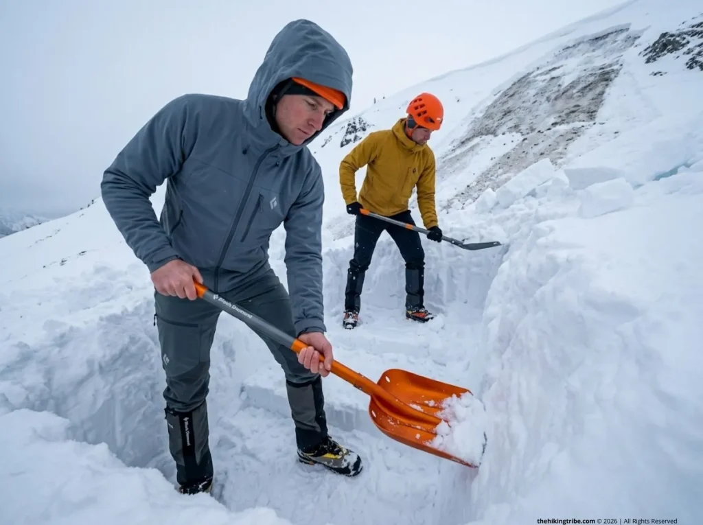 Hikers performing avalanche rescue digging
