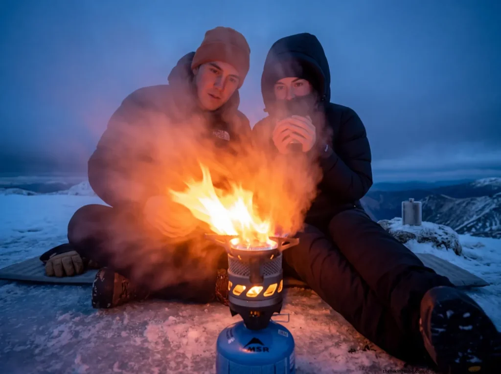 Hikers boiling water to prevent hypothermia ignoring alcohol
