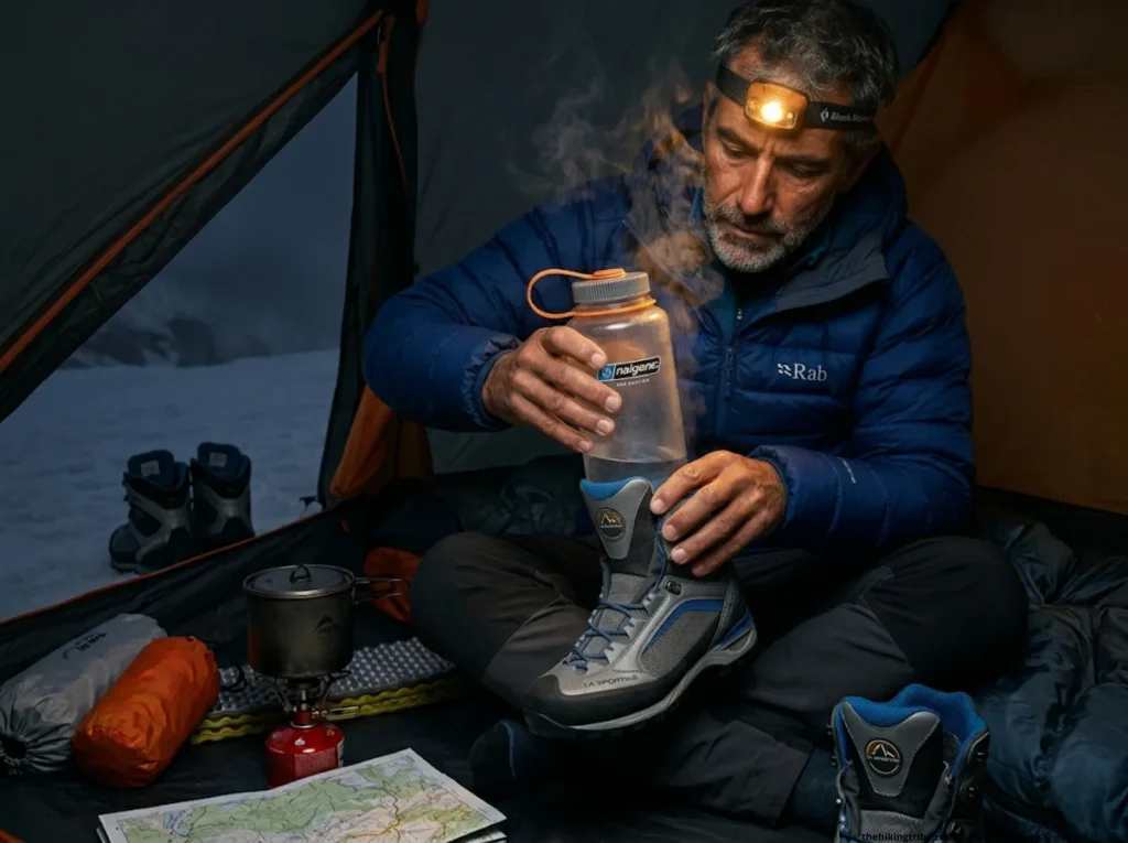 Backcountry hiker inserting hot Nalgene bottle into La Sportiva boot liner inside mountaineering tent