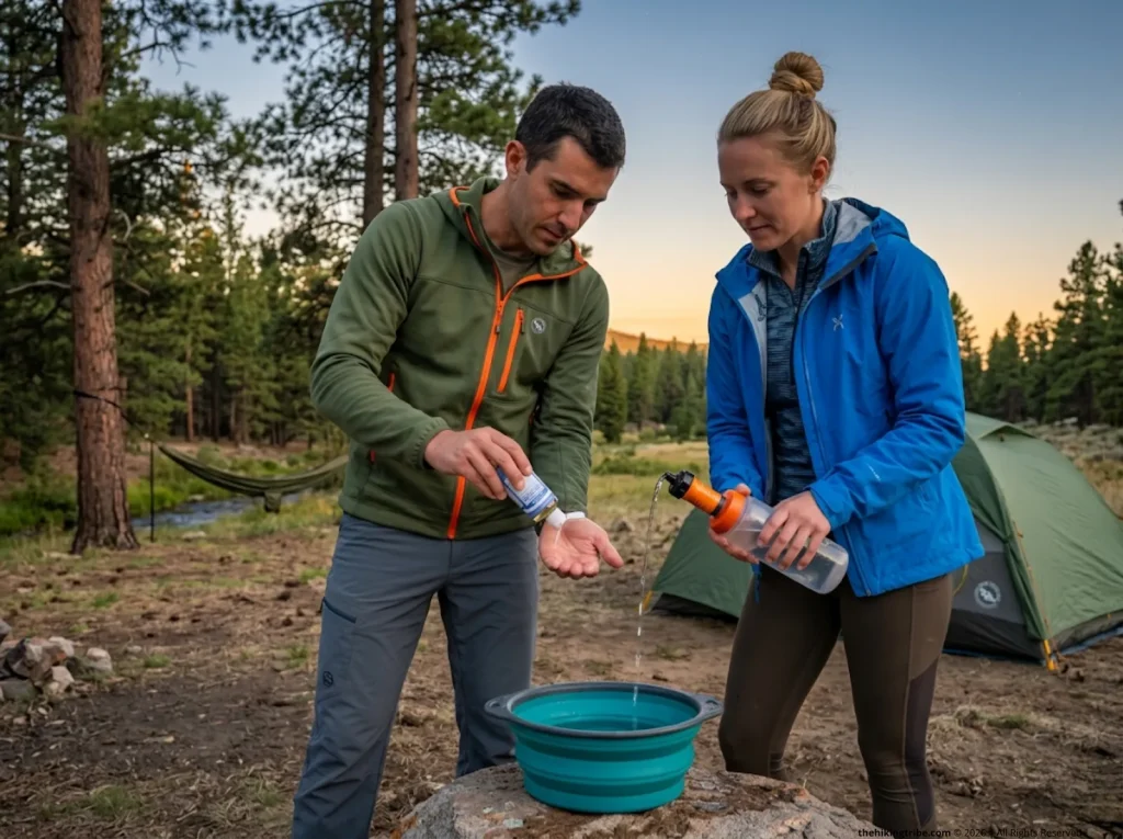 Two hikers washing hands at backcountry camp — hygiene protocol to prevent waterborne illness on the trail
