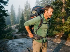3 Backpack Suspension Types and Who Each One Suits Hiker on granite adjusting a loaded internal-frame backpack suspension and hip belt