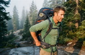 3 Backpack Suspension Types and Who Each One Suits Hiker on granite adjusting a loaded internal-frame backpack suspension and hip belt