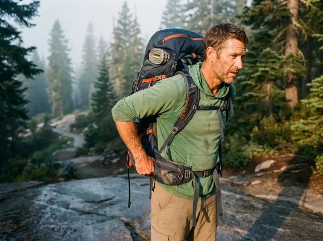 backpack-suspension-system-types-hero Hiker on granite adjusting a loaded internal-frame backpack suspension and hip belt