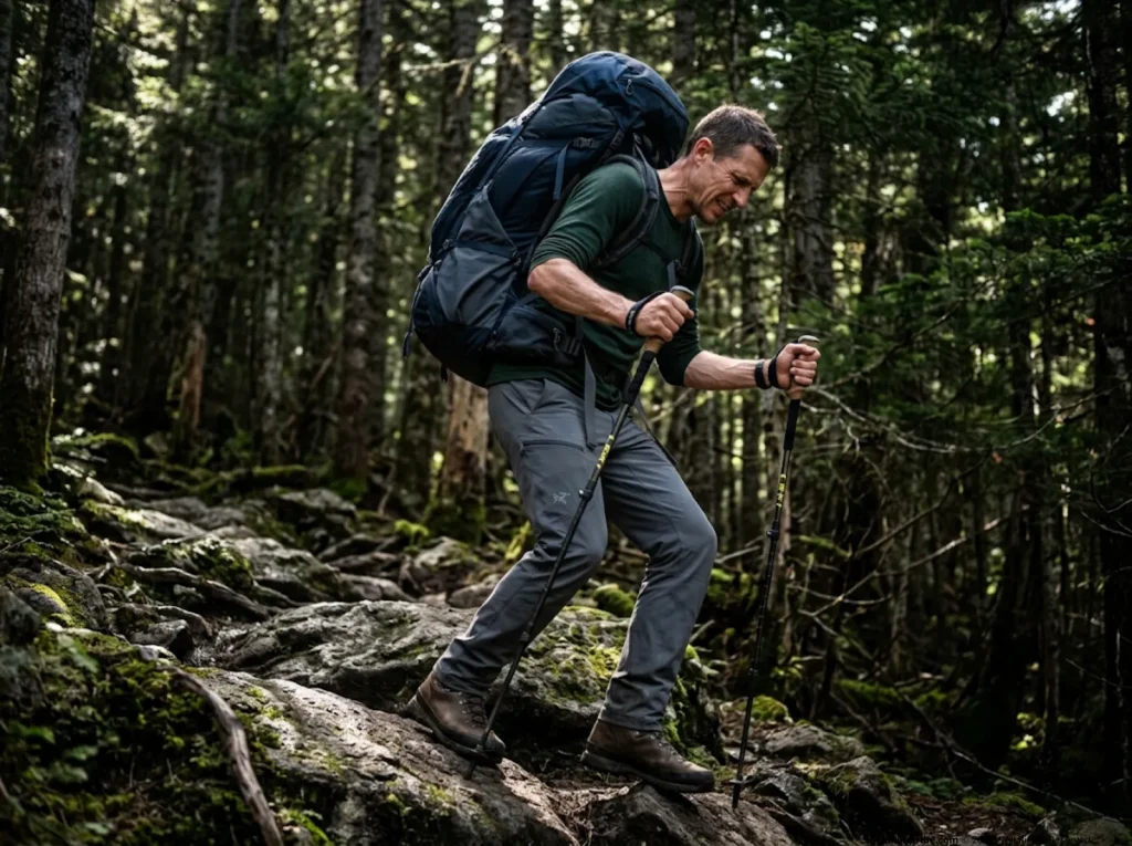 Backpacker carrying heavy load down steep trail.